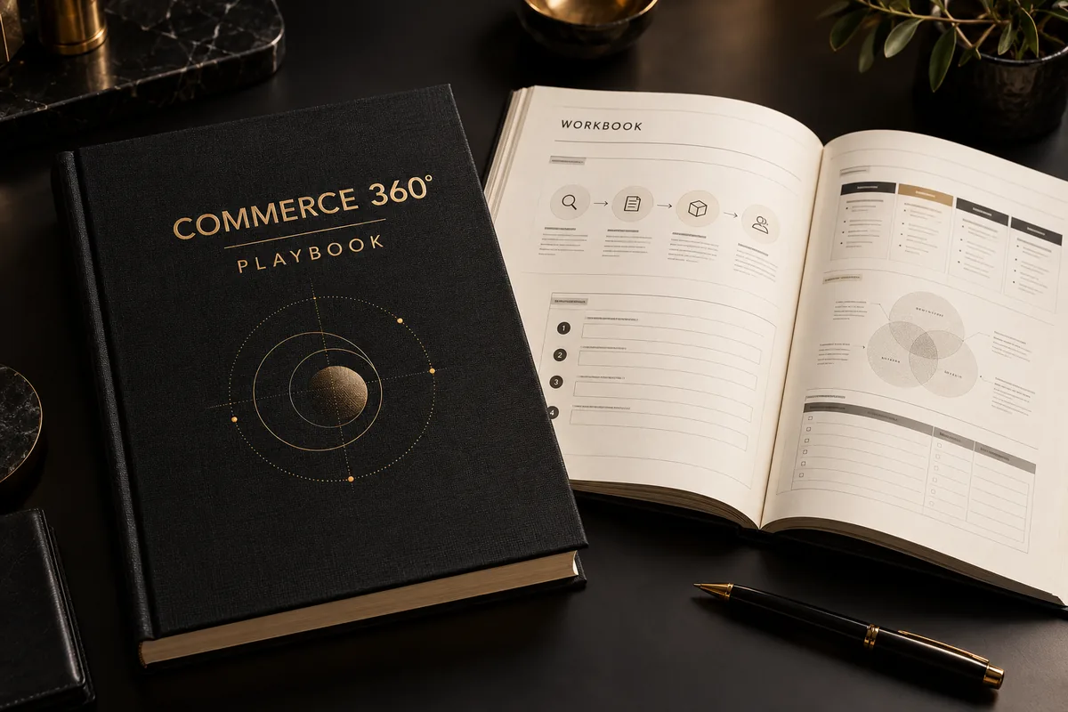 Buku Commerce 360 Playbook dan workbook terbuka